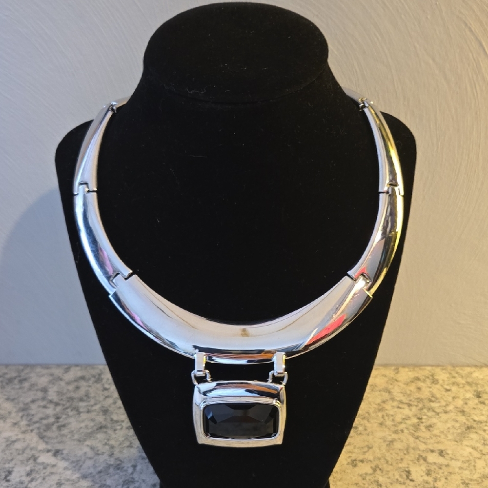 White House Black Market Silver Necklace with Black Pendant
